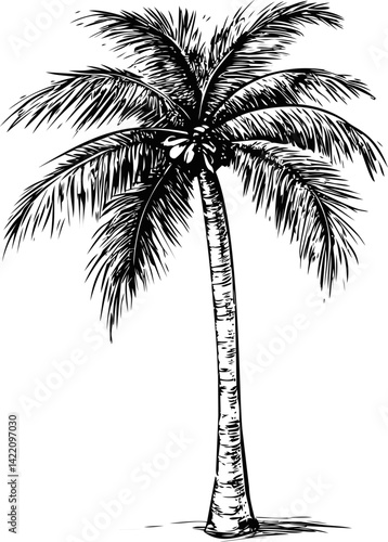 Black and white illustration of a palm tree with detailed leaves and trunk. Vector illustration