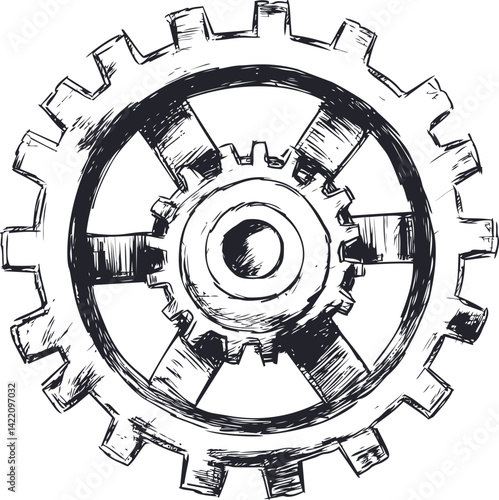 Black and white sketch of a gear with detailed mechanical design. Vector illustration