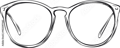 Black and white sketch of classic eyeglasses with round frame design. Vector illustration