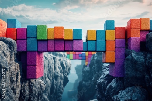 Colorful pixel-art blocks forming bridge, set against rocky cliff and sky
