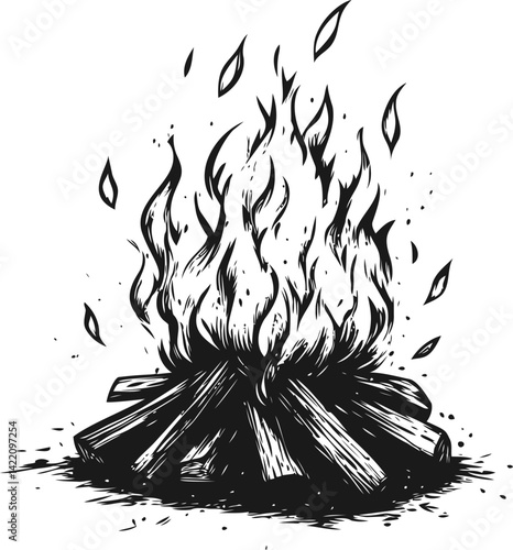 Black and white illustration of a bonfire with rising flames and wood logs. Vector illustration
