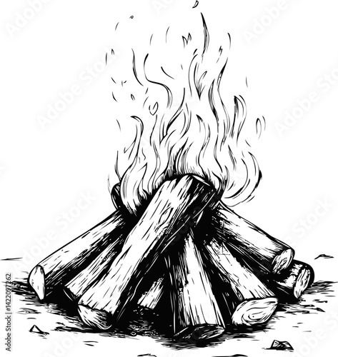 Black and white illustration of a campfire with logs and flames in sketch style. Vector illustration