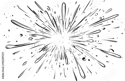 Stylized black and white comic explosion effect design in radial pattern. Vector illustration