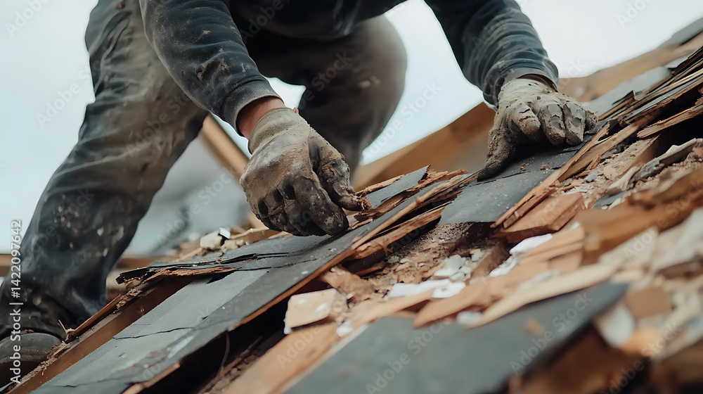 Worker Removing Old Roof Shingles Worker Removing Old Roof Shingles