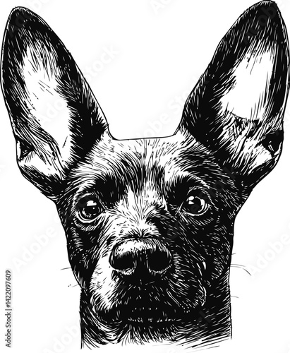 Black and white sketch of a chihuahua with large ears staring forward. Vector illustration