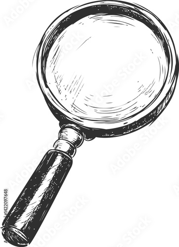 Black and white sketch of a magnifying glass with wooden handle illustration. Vector illustration