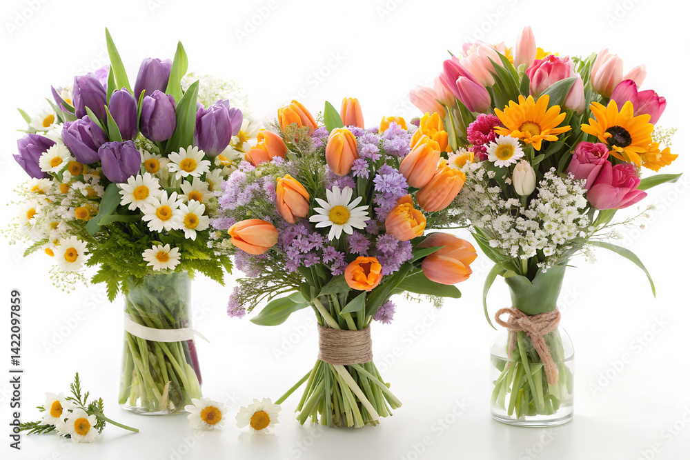 Fototapeta premium Three Spring Flower Bouquets with Tulips and Daisies
