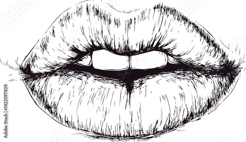 Detailed black and white sketch of slightly parted lips with texture lines. Vector illustration