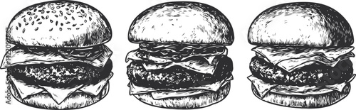 Three vintage drawn hamburgers with sesame, lettuce and cheese detail. Vector illustration