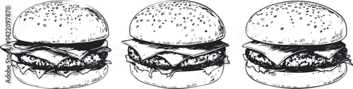 Three detailed black and white sketch hamburgers with cheese and sesame buns. Vector illustration