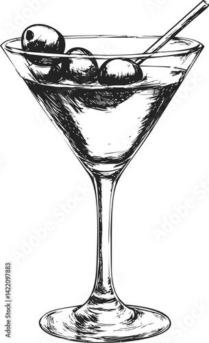 Illustration of a martini glass with olives and a stirring stick in black ink. Vector illustration