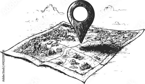 Hand-drawn map with location pin and detailed urban sketch in black and white. Vector illustration
