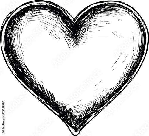 Hand-drawn black and white sketch of a heart with artistic strokes. Vector illustration