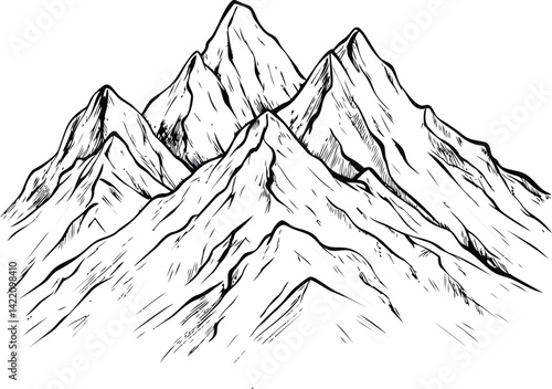 Black and white sketch of mountain peaks in a natural landscape illustration. Vector illustration