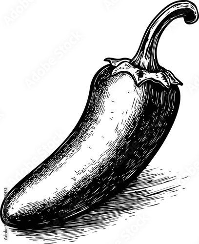 Vintage black and white sketch of a jalapeno pepper in detailed stippling style. Vector illustration