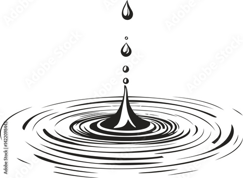 Water droplets creating ripples in a calm pond, black and white illustration. Vector illustration