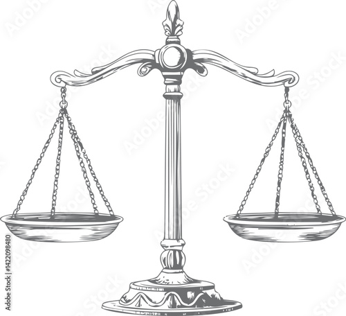 Classic balance scale design in detailed black and white sketch illustration. Vector illustration