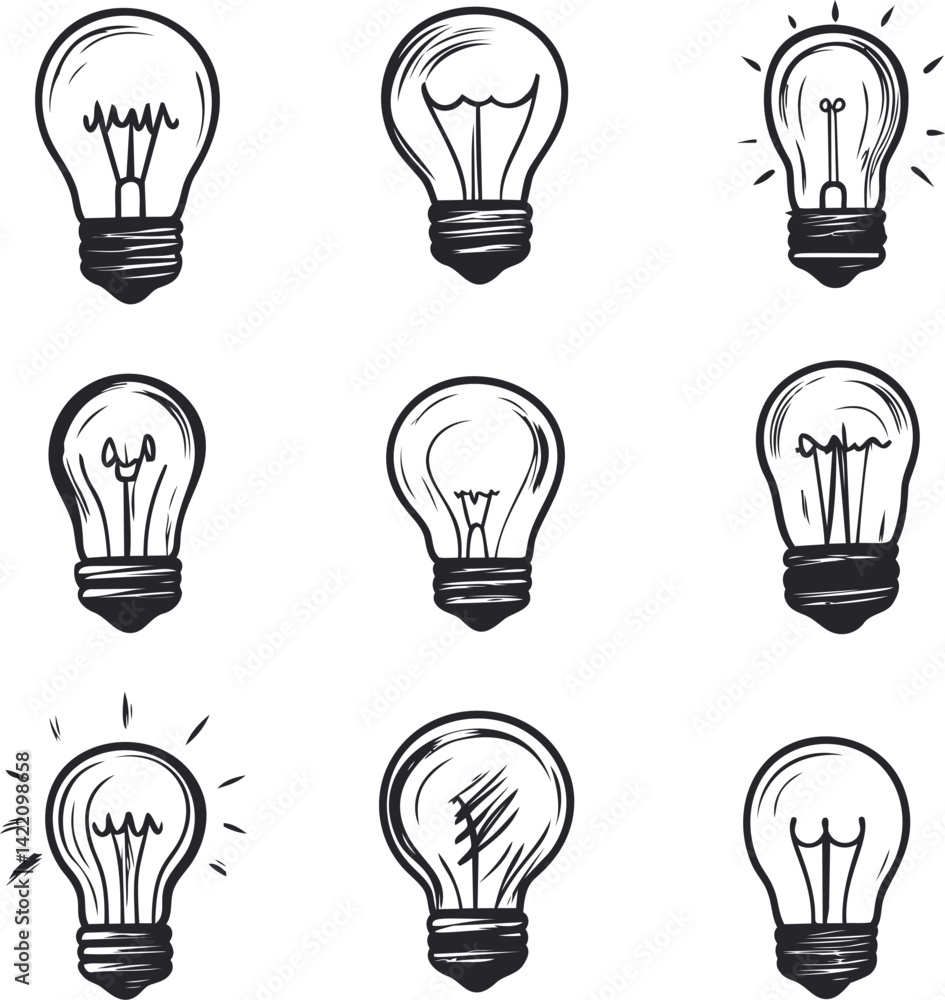 Hand drawn black and white light bulbs with artistic variations in vector style. Vector illustration Hand drawn black and white light bulbs with artistic variations in vector style. Vector illustration