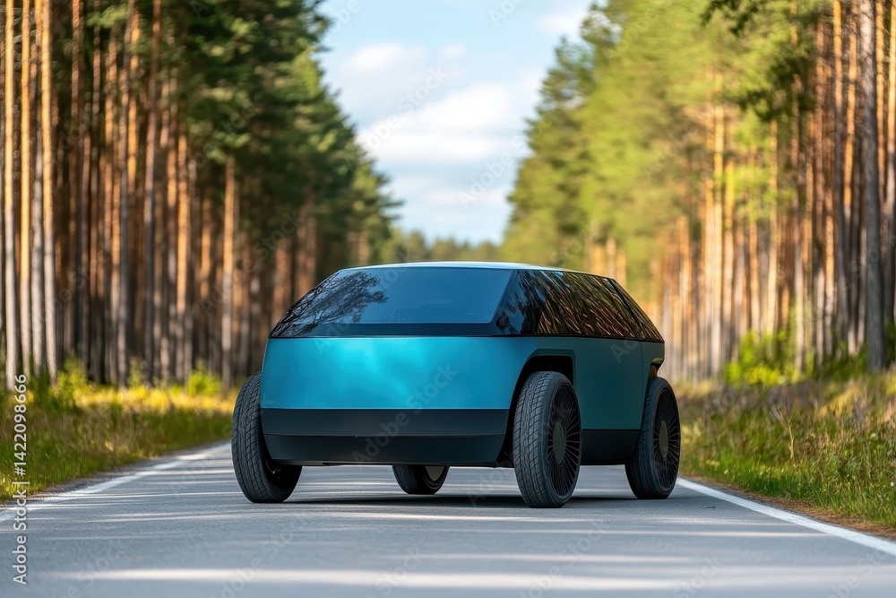 Fototapeta premium Teal electric vehicle on a road through a pine forest