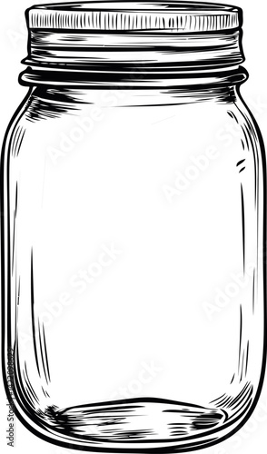 Black and white sketch of an empty mason jar with detailed line art. Vector illustration