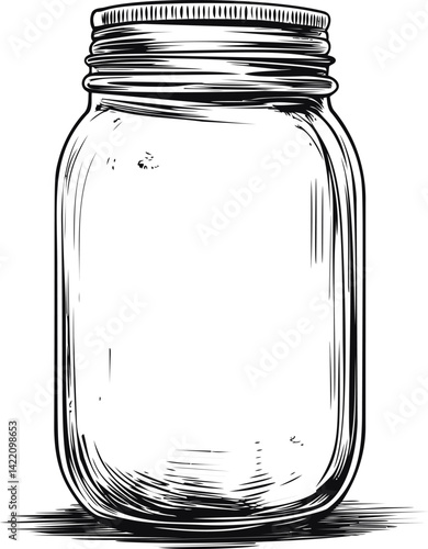 Black and white illustration of an empty mason jar, artistic sketch style. Vector illustration