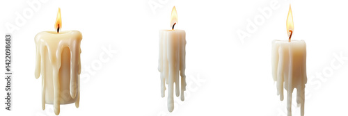 A set of close-up burning white candles with wax dripping down, isolated on a transparent background
