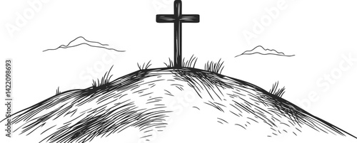 Cross on a grassy hill with distant mountains, black and white illustration. Vector illustration