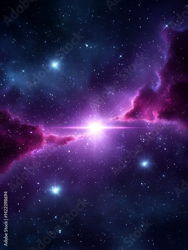 Wallpaper Mural Cosmic Nebula Burst Illustration - A vibrant cosmic scene, symbolizing creation, energy, mystery, wonder, and infinity. Purple and pink nebulae surround a bright central star Torontodigital.ca