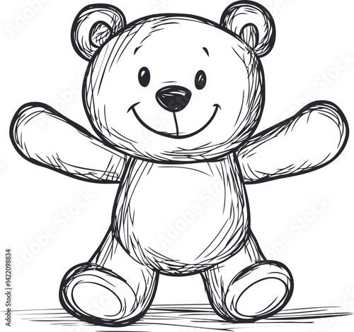 Cute sketch of a smiling teddy bear with open arms, black and white drawing. Vector illustration