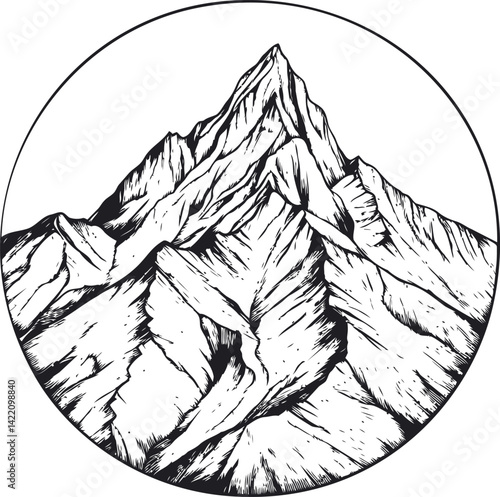 Detailed black and white mountain illustration in a circular frame, abstract art. Vector illustration