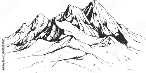 Black and white sketch of rugged mountain peaks with detailed contours. Vector illustration
