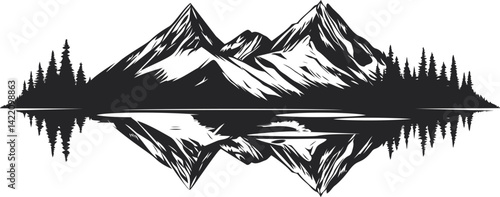 Monochrome mountain landscape reflection with pine trees on the shoreline. Vector illustration