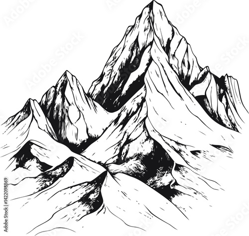 Ink sketch of jagged mountain peaks with intricate shading and lines. Vector illustration