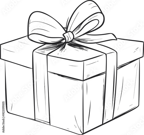Black and white sketch of a gift box with ribbon, conceptual celebration art. Vector illustration