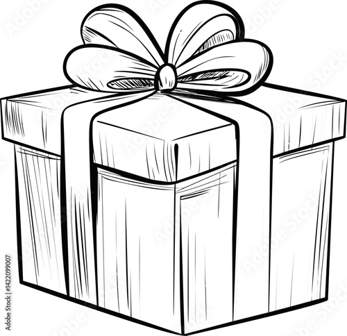 Sketch of a wrapped gift box with a large bow in black and white illustration. Vector illustration
