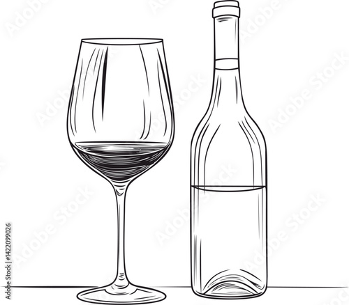 Wine bottle and glass line drawing with elegant simplicity art. Vector illustration