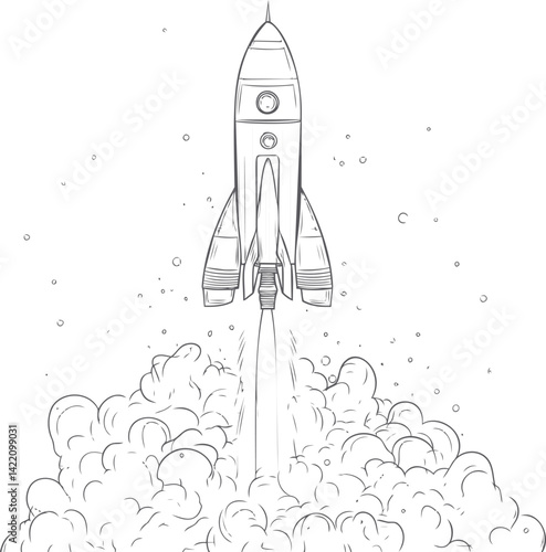Simple line drawing of a rocket launching with smoke and bubbles, children’s sketch. Vector illustration