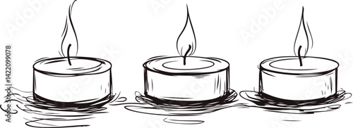Three hand-drawn tealight candles with flames in black and white illustration. Vector illustration