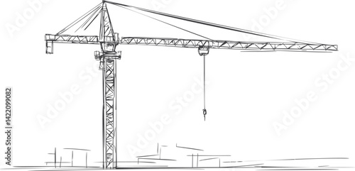 Construction crane sketch with detailed lines and conceptual design background. Vector illustration