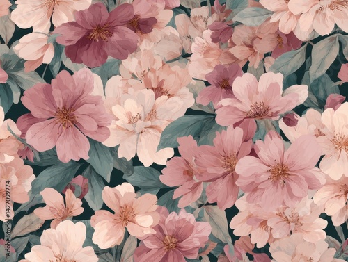Floral Abundance: A dense arrangement of pink and peach blossoms creates a vibrant, nature-inspired surface design with gentle elegance.