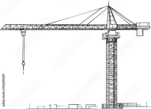 Outline of a construction crane with detailed lines and framework sketch. Vector illustration