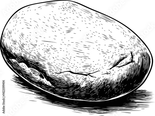 Realistic black and white illustration of a single potato on a plain background. Vector illustration