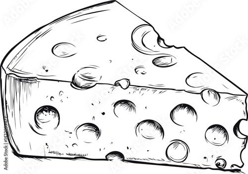 Detailed sketch of cheese wedge with holes in black and white illustration. Vector illustration