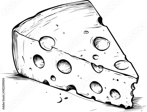 Detailed line drawing of a cheese wedge with holes in black and white. Vector illustration