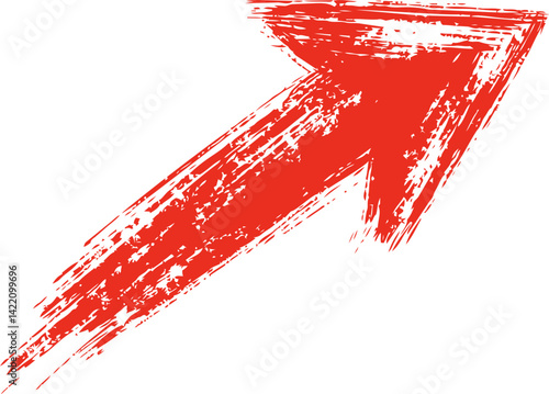Red rough brushstroke arrow pointing upward with expressive texture. Vector illustration
