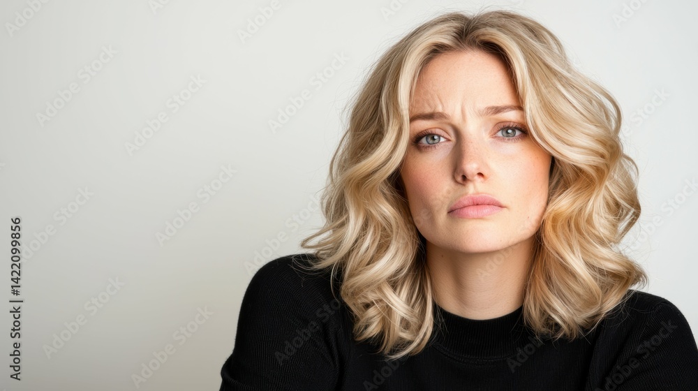 Fototapeta premium Contemplative beautiful blonde woman studio setting portrait photography neutral background close-up view emotional expression