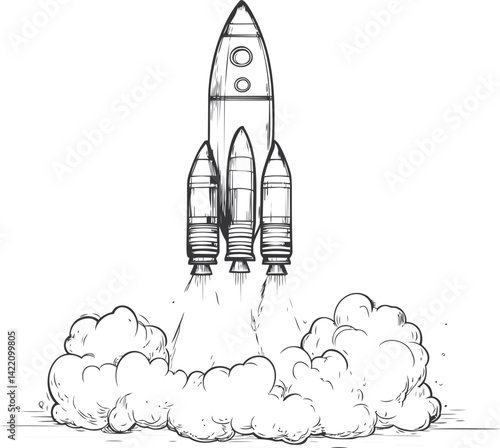 Rocket launching with thick smoke in black and white sketch style illustration. Vector illustration