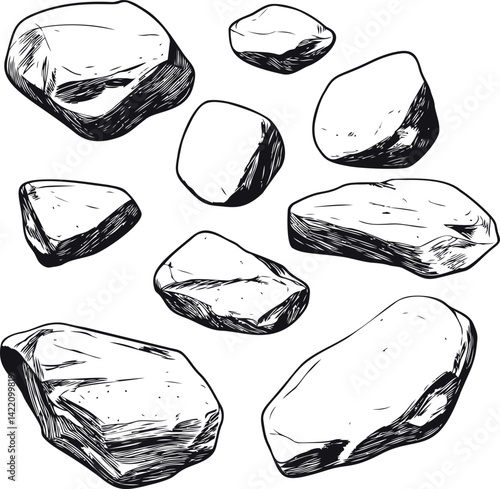 Black and white sketch of various stones with detailed texture. Vector illustration