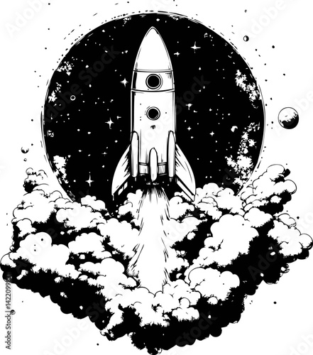 Black and white illustration of rocket launching into space with stars and planets. Vector illustration