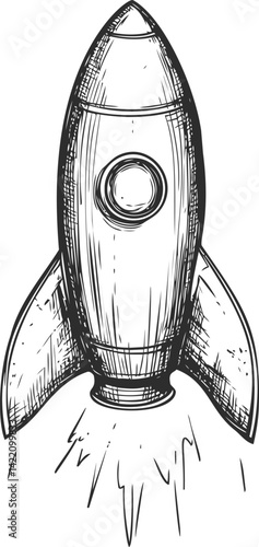 Hand-drawn black and white rocket sketch launching into space. Vector illustration
